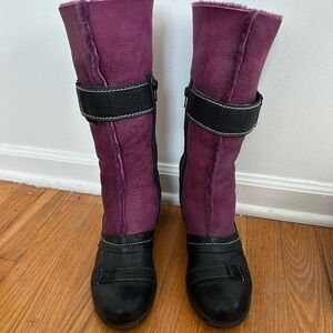 EJECT Fur Lined Leather Boots Black/Purple Stud Snap Heal RARE!  Made Portugal